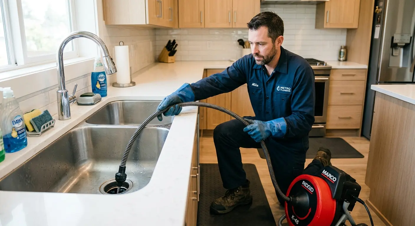 Drain cleaning technician using a motorized snake on a kitchen sink in Tracy