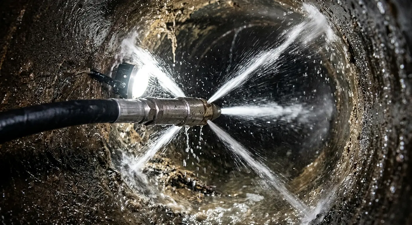 High-pressure hydro jetting nozzle cleaning sewer pipe for Storm Drain Cleaning in Tracy