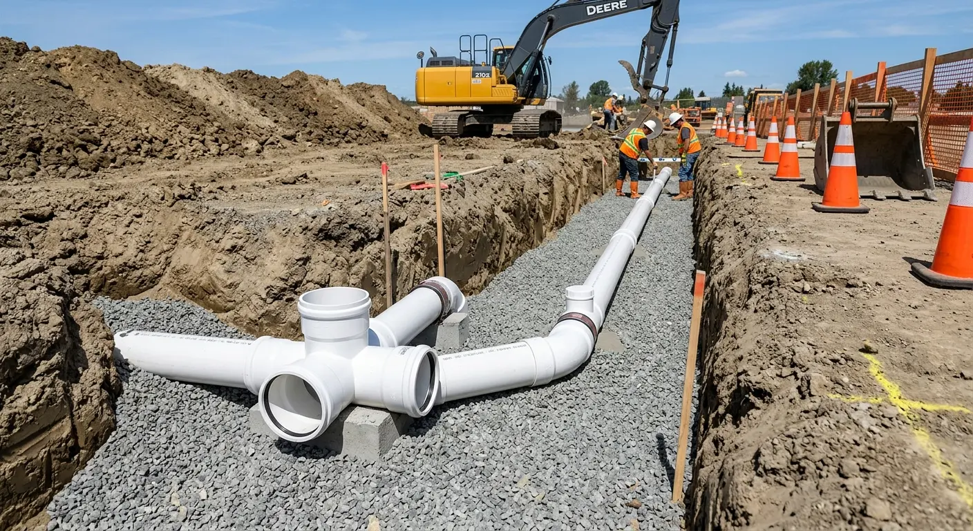 New PVC sewer pipe installation in open trench for Sewer Backup in Tracy