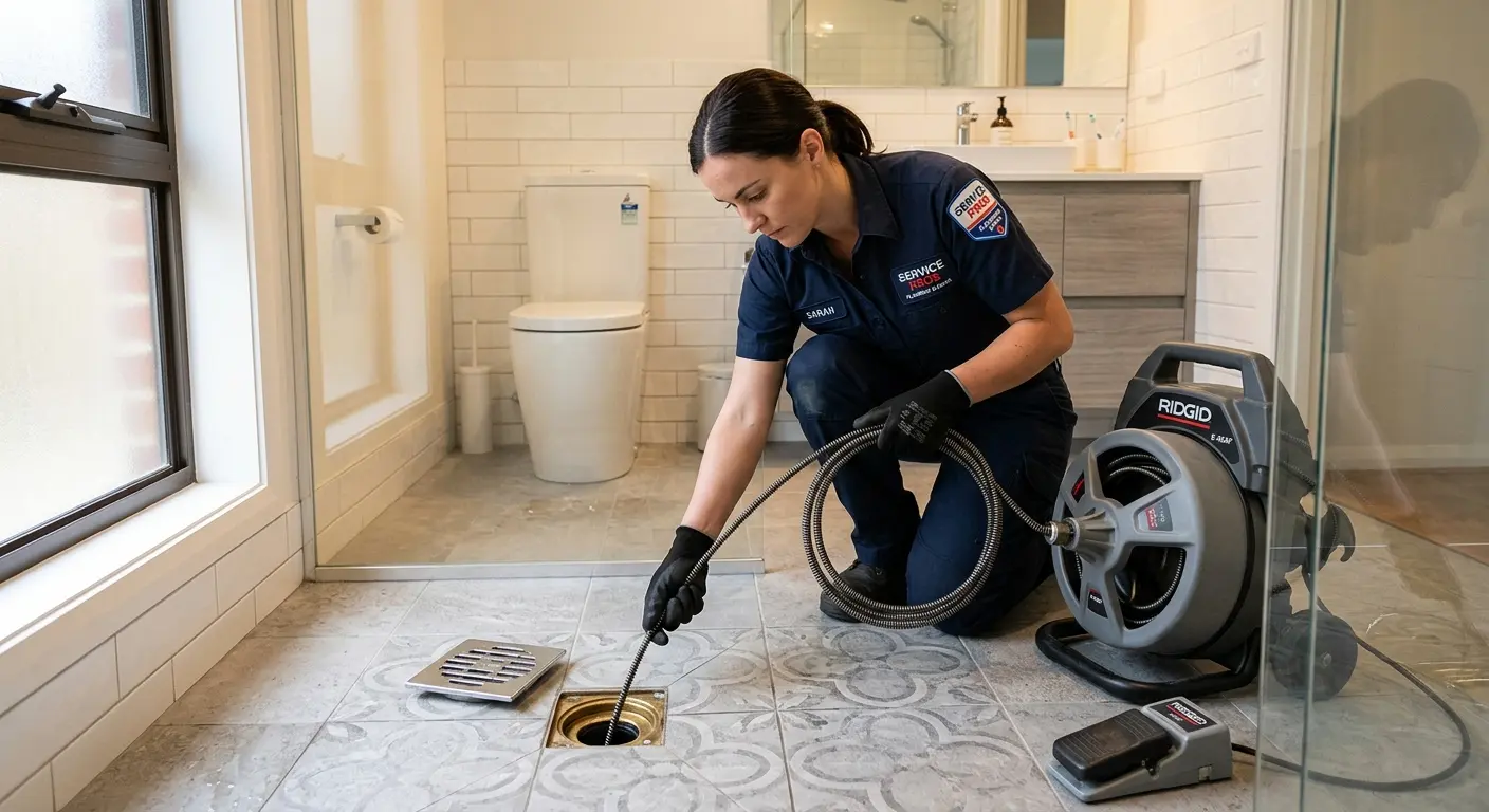 Technician clearing a bathroom floor drain for Drain Repair in Tracy